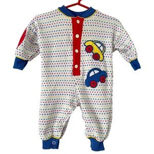 Doe-Spun Vintage Colorful Car Embroidered Knit One Piece Jumpsuit USA Made 3-6 M